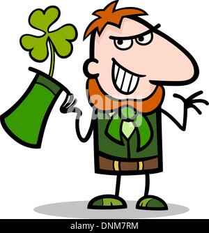 Cartoon Illustration de Happy Leprechaun avec Trèfle trèfle vert ou dans son chapeau sur St Patricks Day Holiday Illustration de Vecteur