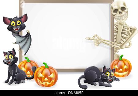 Signe ou la bannière d'Halloween avec des citrouilles d'Halloween orange et noir, les chats de la sorcière witch's broom stick et cartoon squelette et de l'acv Illustration de Vecteur