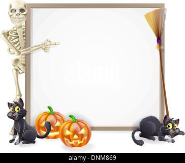 Signe ou la bannière d'Halloween avec des citrouilles d'Halloween orange et noir, les chats de la sorcière witch's broom stick et cartoon skeleton charact Illustration de Vecteur