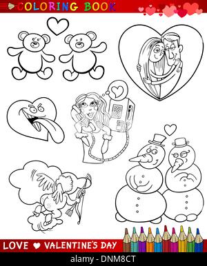 La Saint-Valentin et l'Amour Collection Thèmes Série de dessin animé en noir et blanc des illustrations pour un livre à colorier Illustration de Vecteur