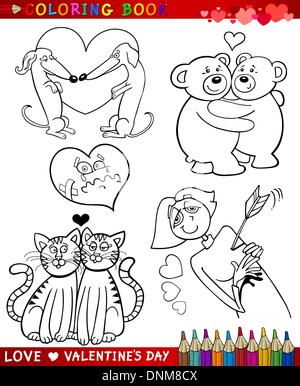 La Saint-Valentin et l'Amour Collection Thèmes Série de dessin animé en noir et blanc des illustrations pour un livre à colorier Illustration de Vecteur
