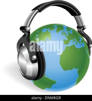 Le monde globe terrestre d'écouter de la musique sur le casque. Illustration de Vecteur