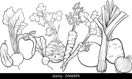 Cartoon noir et blanc Illustration de l'objet grand groupe alimentaire Légumes pour Coloring Book Illustration de Vecteur