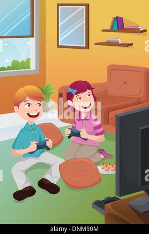 Un vecteur illustration d'enfants jouant les jeux vidéos à la maison Illustration de Vecteur