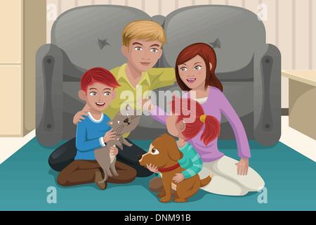 Un vecteur illustration de famille heureuse de jouer ensemble avec leurs animaux de compagnie Illustration de Vecteur