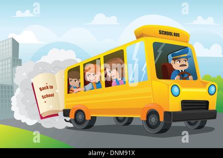 Un vecteur illustration de l'équitation pour les enfants retour à l'école en autobus scolaire Illustration de Vecteur