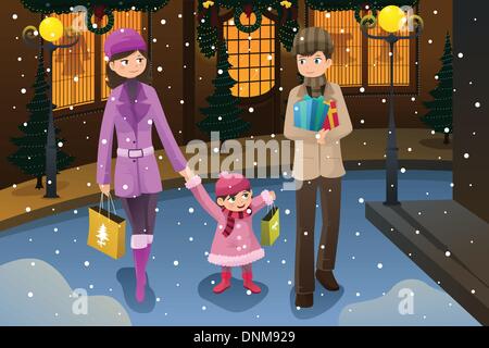 Un vecteur illustration de happy family shopping pour Noël ensemble au cours de la saison d'hiver Illustration de Vecteur