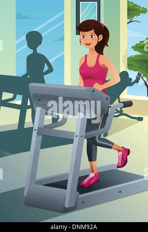 Un vecteur illustration d'une belle jeune femme s'exécutant sur un tapis roulant dans une salle de sport Illustration de Vecteur