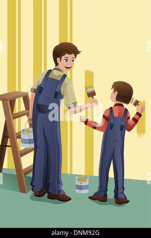 Un vecteur illustration de père et fils peindre un mur à la maison ensemble Illustration de Vecteur