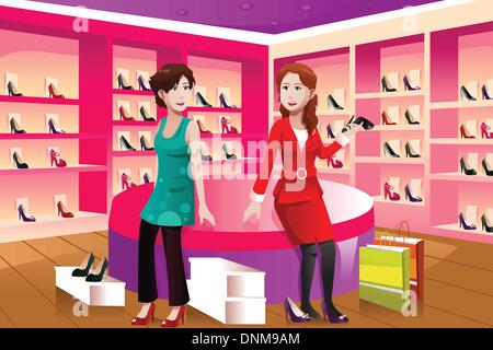 Un vecteur illustration de femmes heureux d'acheter des chaussures dans un magasin de chaussures Illustration de Vecteur