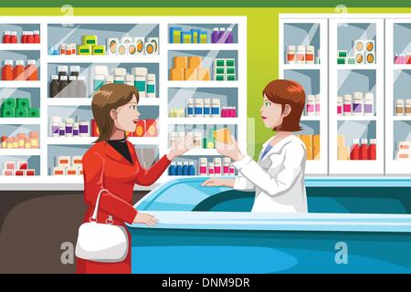 Un vecteur illustration de femme de l'achat de médicaments dans une pharmacie Illustration de Vecteur