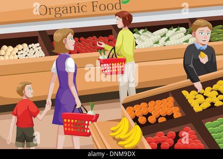 Un vecteur illustration de personnes shopping dans un couloir d'aliments biologiques dans un magasin d'alimentation Illustration de Vecteur