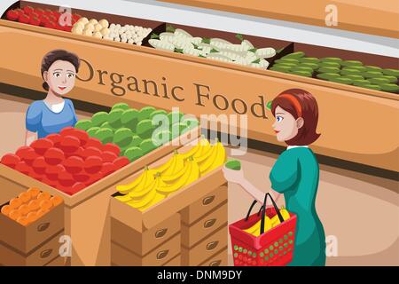 Un vecteur illustration de personnes shopping dans un couloir d'aliments biologiques dans un magasin d'alimentation Illustration de Vecteur