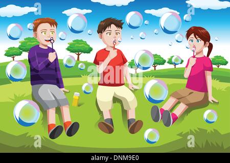 Un vecteur illustration d'enfants heureux faisant des bulles dans le parc Illustration de Vecteur