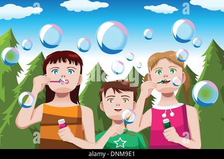 Un vecteur illustration d'enfants heureux faisant des bulles dans le parc avec copyspace Illustration de Vecteur