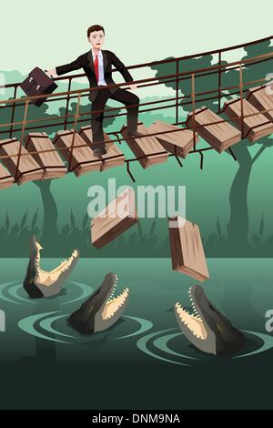 Un vecteur illustration du concept de risque d'affaires où un homme marchant sur un pont cassé avec des crocodiles dangereux undernea Illustration de Vecteur
