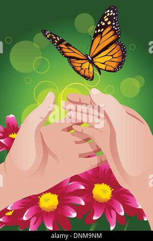 Un vecteur illustration de libérer les mains pour laisser passer des papillons ou la liberté concept Illustration de Vecteur