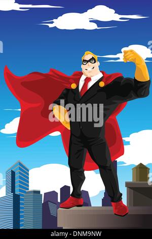 Un vecteur illustration d'un superhero businessman portant une cape debout sur le haut d'un immeuble Illustration de Vecteur