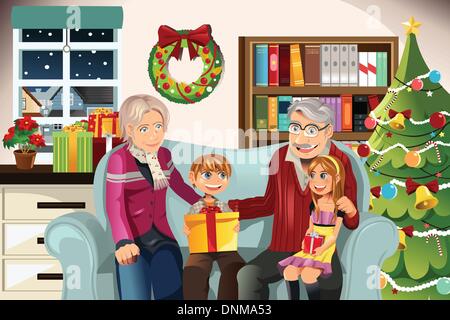 Un vecteur illustration de grands-parents de donner des cadeaux de Noël à leurs petits-enfants Illustration de Vecteur