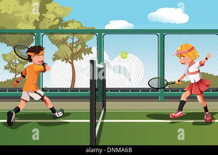 Un vecteur illustration de deux enfants jouant au tennis Illustration de Vecteur
