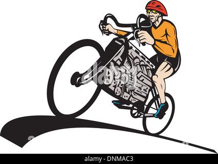 Illustration d'un cycliste, équitation, vélo de course avec moteur de voiture v8 Illustration de Vecteur