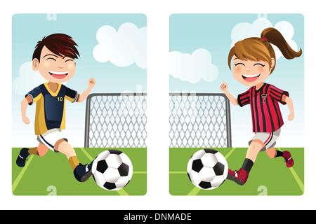 Un vecteur illustration d'un garçon et une fille à jouer au soccer Illustration de Vecteur