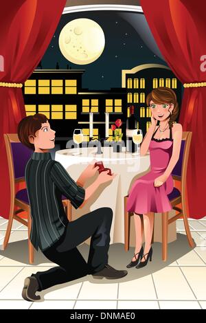 Un vecteur illustration d'une fille obtenant une proposition de mariage de son petit ami dans un restaurant Illustration de Vecteur