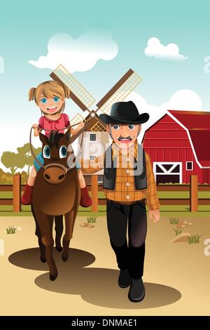 Un vecteur illustration d'une petite fille à cheval avec son grand-père Illustration de Vecteur