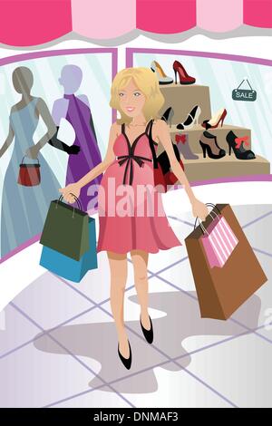 Un vecteur illustration d'une femme enceinte, faire du shopping dans un centre commercial Illustration de Vecteur