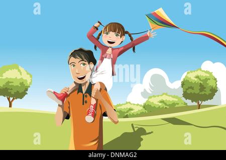 Un vecteur illustration d'un père et sa fille jouant dans le parc de kite Illustration de Vecteur