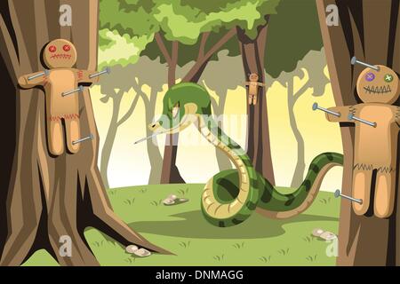 Un vecteur illustration d'un serpent en colère sur ongles mettre gingerbread cookies pendu sur les arbres Illustration de Vecteur
