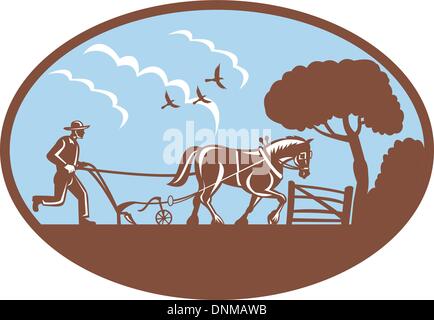 Illustration de l'agriculteur et le labour à cheval domaine fait dans le style rétro Illustration de Vecteur