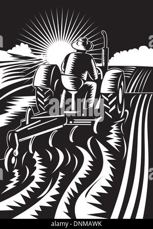 Illustration d'un agriculteur conduisant un tracteur vintage laboure la ferme fait en rétro style gravure sur bois. Illustration de Vecteur