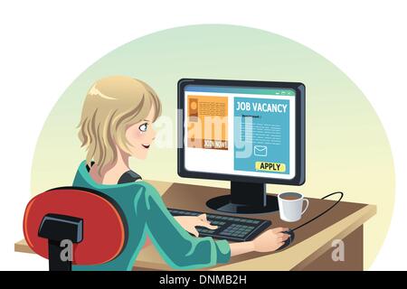 Un vecteur illustration d'une femme qui cherche un emploi en ligne Illustration de Vecteur