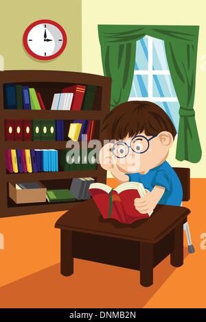 Un vecteur illustration d'un jeune garçon étudiant étranger et la lecture d'un livre dans la bibliothèque Illustration de Vecteur