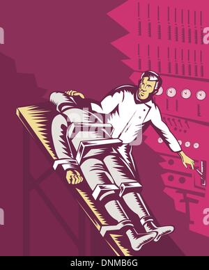 Illustration de M. Frakenstein à propos pour tourner le levier en marche pour faire son monstre création vivante dans son laboratoire fait en rétro style gravure sur bois. Illustration de Vecteur