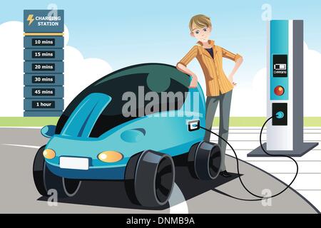 Un vecteur illustration d'un homme sa voiture électrique de charge à la gare Illustration de Vecteur