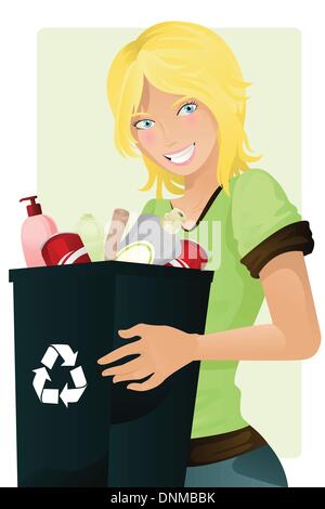 Un vecteur illustration d'une jeune fille portant un bac de recyclage des déchets Illustration de Vecteur