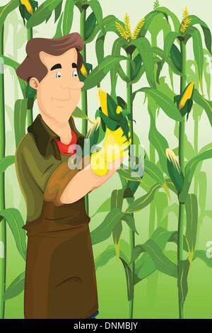 Un vecteur illustration de Happy Farmer harvesting corns dans un champ Illustration de Vecteur