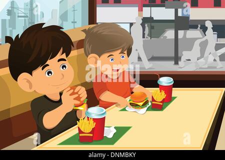 Un vecteur illustration d'enfants heureux de manger un hamburger et des frites dans un fast-food restaurant Illustration de Vecteur