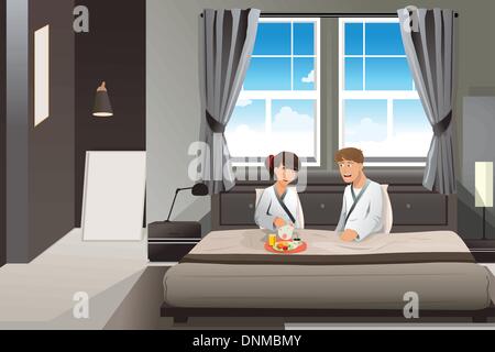Un vecteur illustration de l'heureux couple having breakfast in bed Illustration de Vecteur