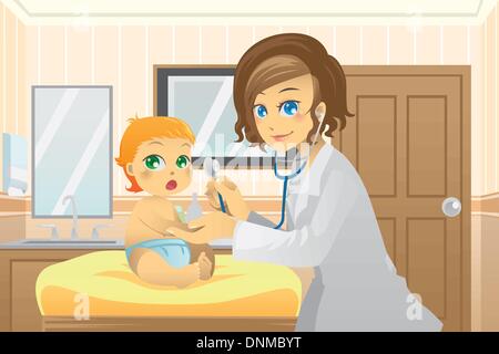 Un vecteur illustration d'un pédiatre examinant un bébé dans le bureau de médecin Illustration de Vecteur