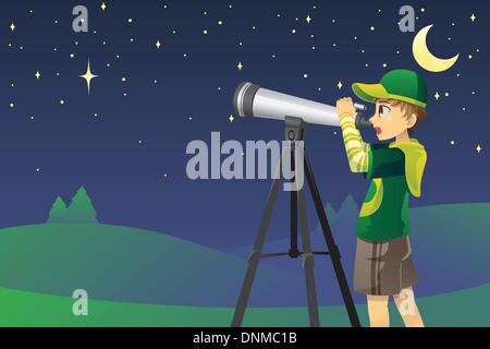 Un vecteur illustration d'un jeune garçon regardant les étoiles dans le ciel à l'aide d'un télescope Illustration de Vecteur