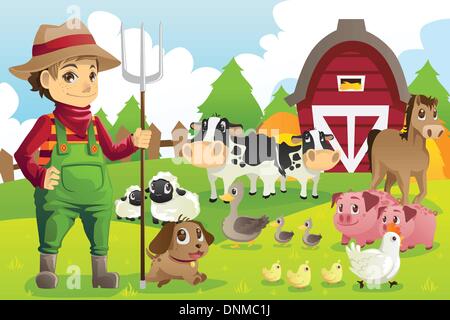 Un vecteur illustration de l'agriculteur dans sa ferme avec un groupe d'animaux de ferme Illustration de Vecteur