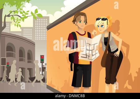 Un vecteur illustration d'un couple de jeunes touristes la lecture d'une carte dans un village urbain Illustration de Vecteur