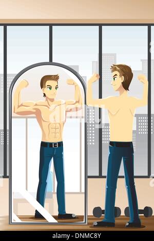 Un vecteur illustration d'un homme remise en forme les muscles à la recherche dans le miroir Illustration de Vecteur