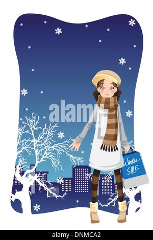 Un vecteur illustration d'une belle jeune fille shopping dans la ville pendant la saison d'hiver Illustration de Vecteur