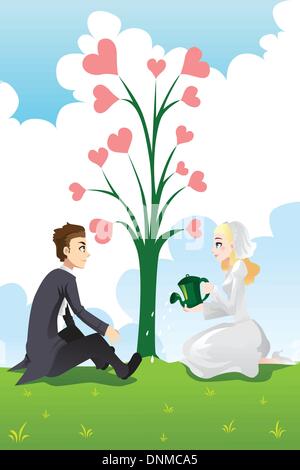 Un vecteur illustration d'un couple d'arroser l'arbre de l'amour Illustration de Vecteur