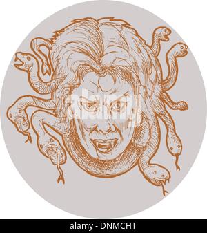 Illustration de gorgon main esquissé monster femme méduse de la mythologie grecque qui a des cheveux comme des serpents. Illustration de Vecteur