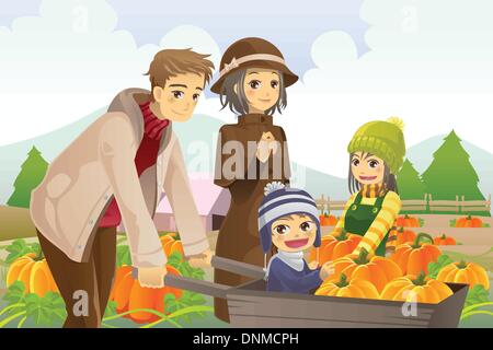 Un vecteur illustration d'une famille heureuse sur un voyage de citrouilles à l'automne ou de l'automne Illustration de Vecteur